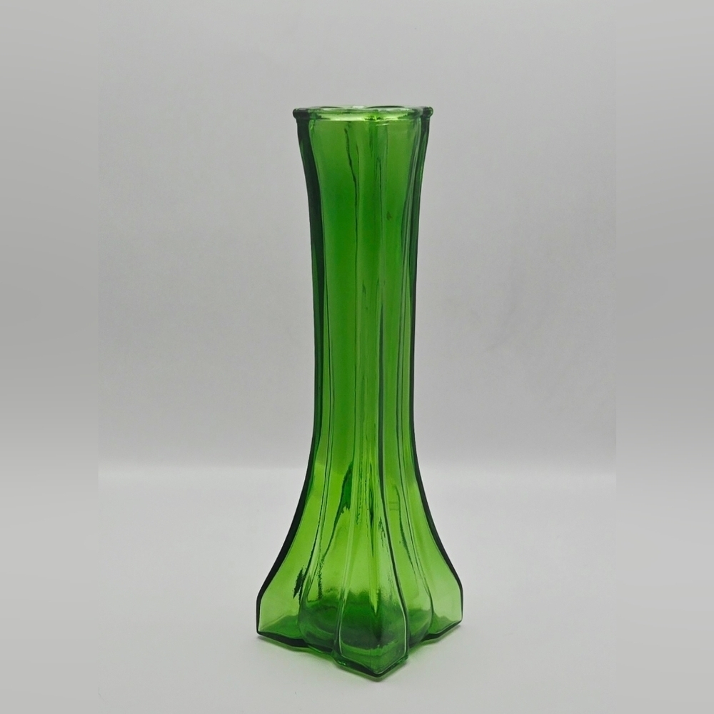 Vintage Eureka Green Glass Bud Vase – Ribbed Hexagon Base – Made in Canada